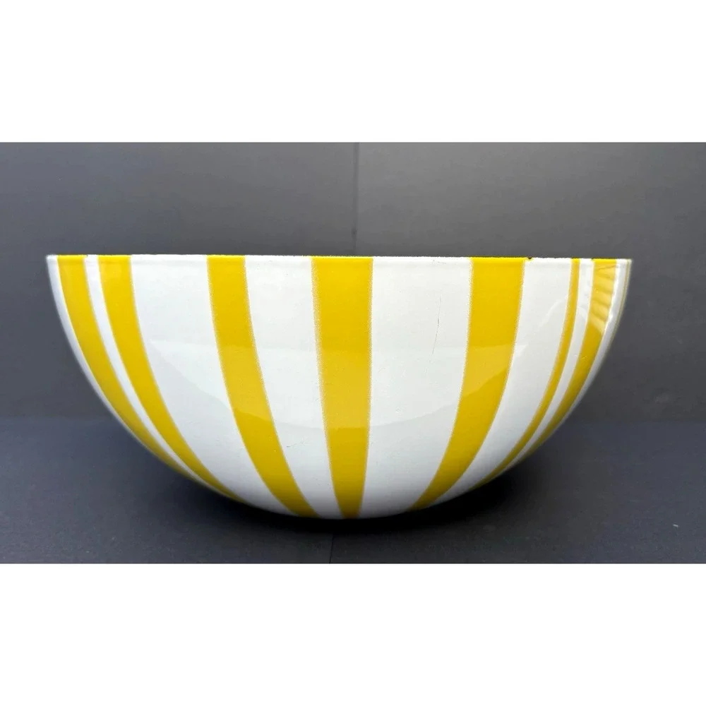 Vintage Catherineholm enamel enamelware bowl yellow white stripe 11